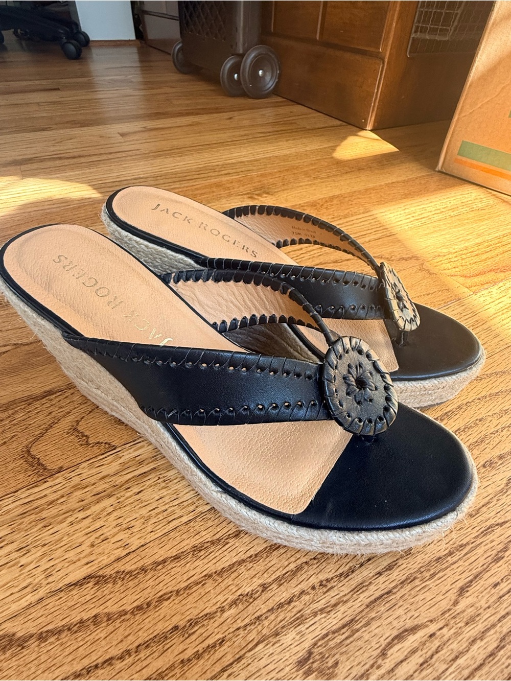 Jack Rogers Black Leather Wedge Thong Sandals